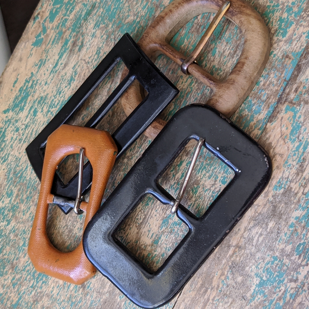 Bundle of 4 Vintage Buckles - Wood, Lucite, Faux Leather Tight Top, Cardboard
